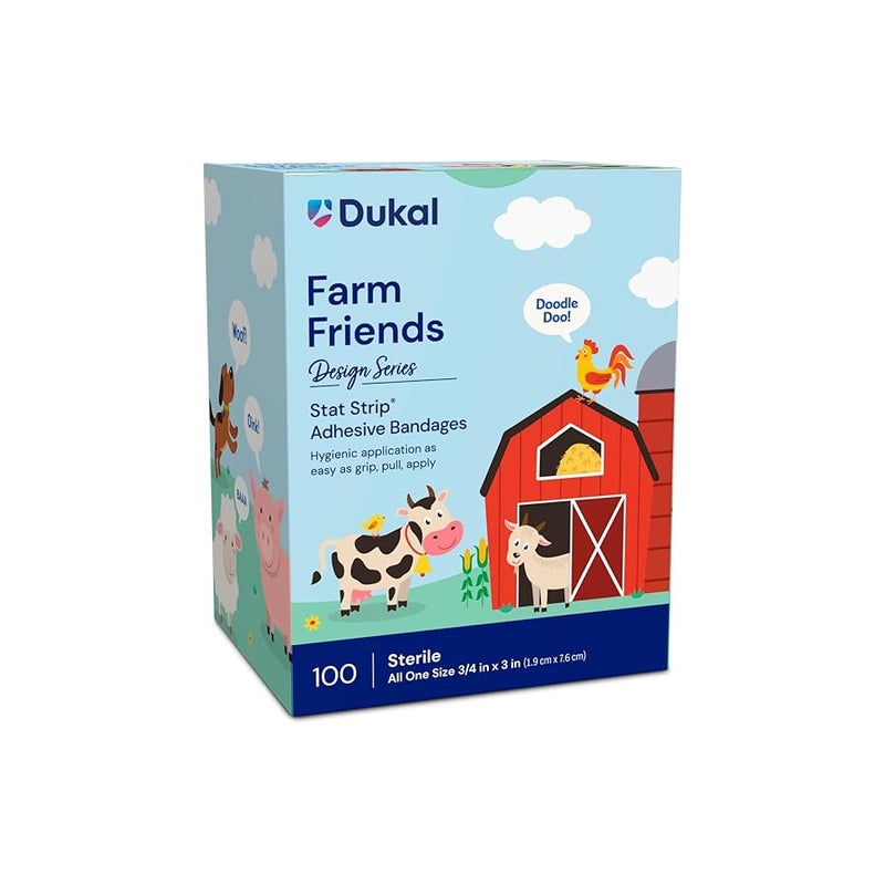 Dukal Design Series Farm Friends Adhesive Bandages with Stat Strip Technology 34 x 3 Box of 100