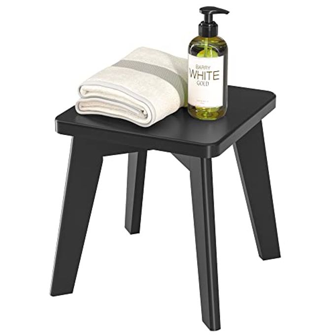 SHOWER STOOL FOR SHAVING LEGS KIDS ADULTS SMALL BENCH FOR BATHROOM SINK BEDROOM BAMBOO WOODEN STOOL FOR INSIDE SHOWER BLACK 10 INCH