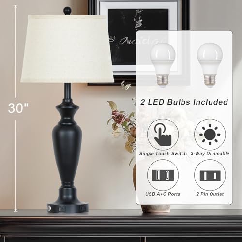 Cinyirong 30" Tall Table Lamps Set of 2, Touch Control Bedside Lamp with USB A+C Ports and AC Outlet, 3-Way Dimmable Modern Metal Nightstand Lamp for Bedroom Living Room, 2 LED Bulbs Included, Black - Image 2