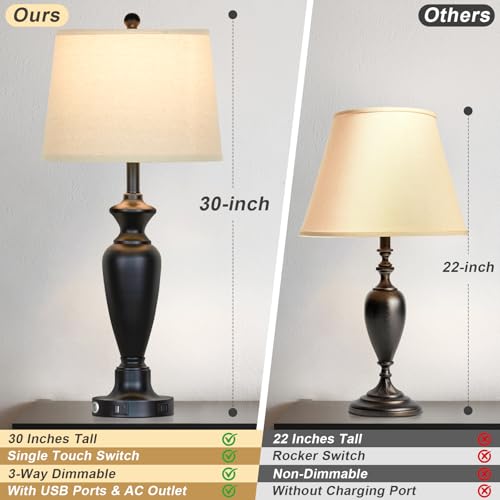 Cinyirong 30" Tall Table Lamps Set of 2, Touch Control Bedside Lamp with USB A+C Ports and AC Outlet, 3-Way Dimmable Modern Metal Nightstand Lamp for Bedroom Living Room, 2 LED Bulbs Included, Black - Image 3