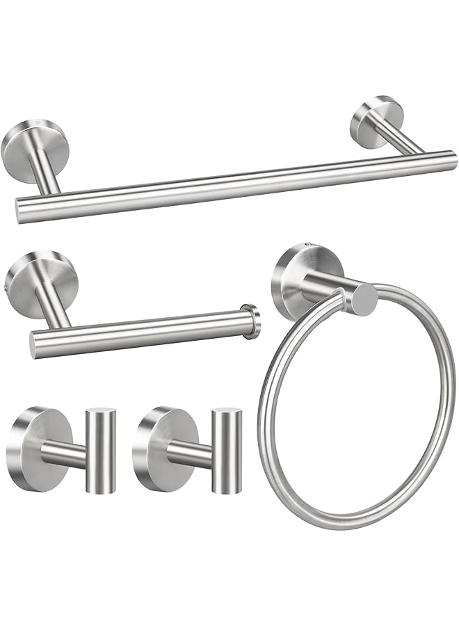 promass 5pcs Bathroom Hardware Set, Matte Black/Brushed Nickel/Brushed Gold Bathroom Hardware Set, Including 16" Hand Towel Bars, Toilet Paper Holders, Towel Rings, Robe Towel Hooks (Silvery) - Image 1