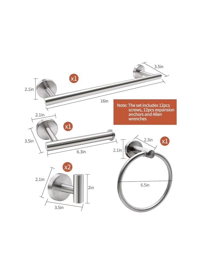 promass 5pcs Bathroom Hardware Set, Matte Black/Brushed Nickel/Brushed Gold Bathroom Hardware Set, Including 16" Hand Towel Bars, Toilet Paper Holders, Towel Rings, Robe Towel Hooks (Silvery) - Image 2