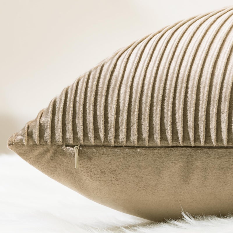 YCOLL Khaki Pillow Covers 24x24 Set of 2 Velvet Striped Pattern - Soft Throw Pillows for Home Decor, Luxury Decorative Pillow Covers for Couch, Bed,Living Room - Image 2