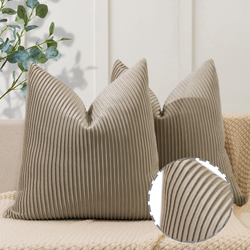 YCOLL Khaki Pillow Covers 24x24 Set of 2 Velvet Striped Pattern - Soft Throw Pillows for Home Decor, Luxury Decorative Pillow Covers for Couch, Bed,Living Room - Image 1