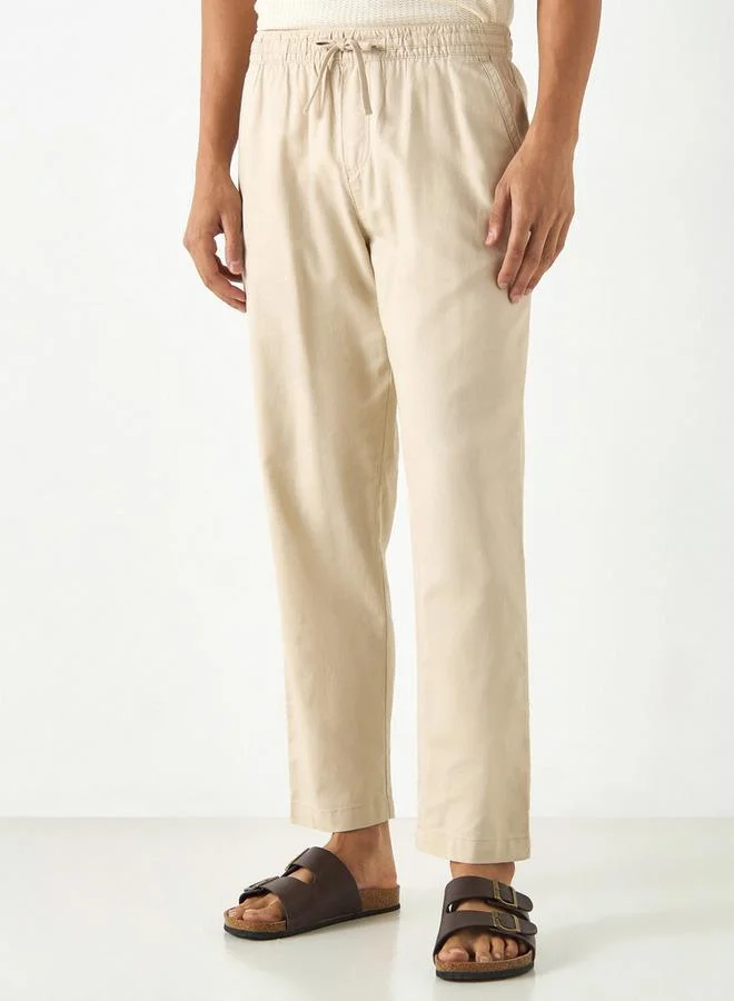 Iconic Iconic Solid Relaxed Fit Flexi Waist Trousers with Drawstring Closure