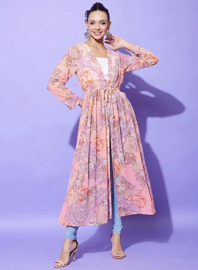 StyleStone Stylestone Peach Floral Print Long Sleeve Shrug