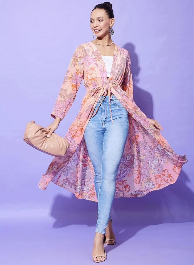 Stylestone Peach Floral Print Long Sleeve Shrug