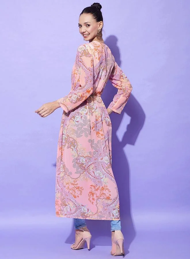 StyleStone Stylestone Peach Floral Print Long Sleeve Shrug
