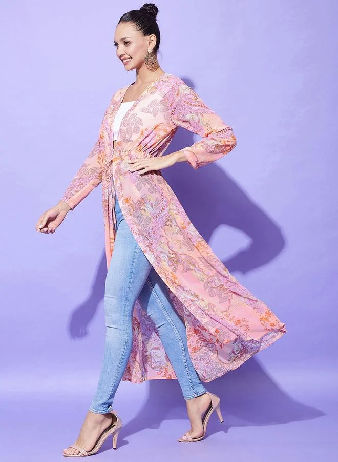 StyleStone Stylestone Peach Floral Print Long Sleeve Shrug