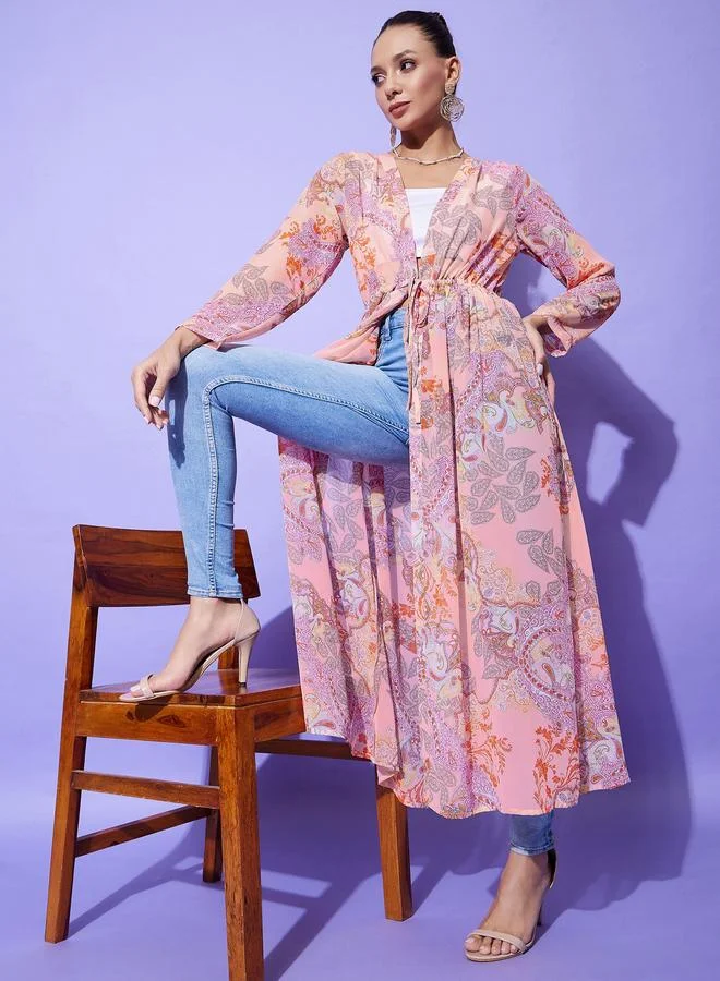 StyleStone Stylestone Peach Floral Print Long Sleeve Shrug