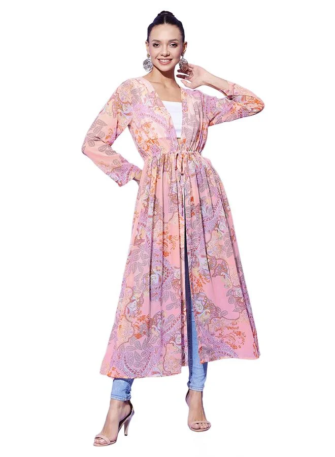 StyleStone Stylestone Peach Floral Print Long Sleeve Shrug