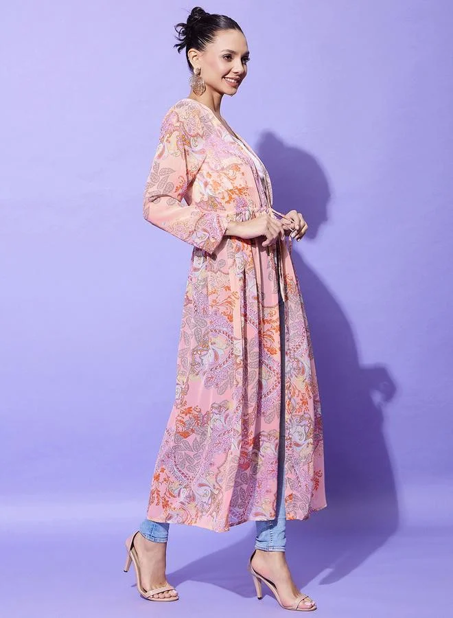 StyleStone Stylestone Peach Floral Print Long Sleeve Shrug