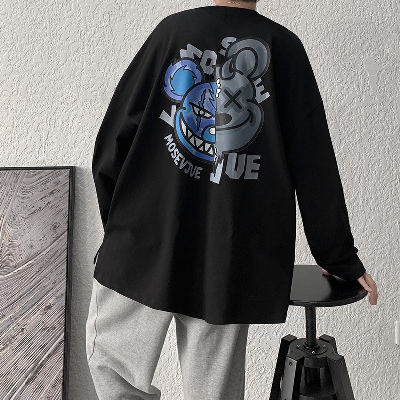 National fashion hip hop printed T-shirt men's long sleeve ins street style autumn loose trendy casual sweater round neck bottoming shirt - Image 3