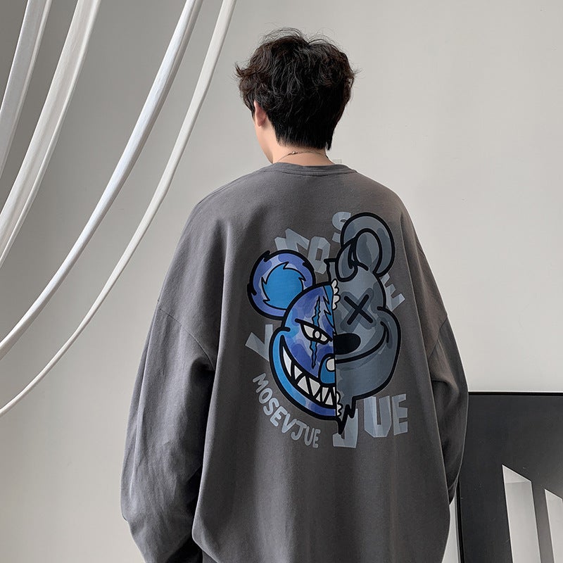 National fashion hip hop printed T-shirt men's long sleeve ins street style autumn loose trendy casual sweater round neck bottoming shirt - Image 2