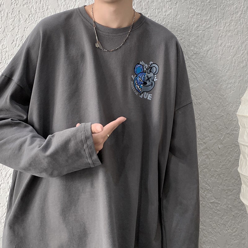 National fashion hip hop printed T-shirt men's long sleeve ins street style autumn loose trendy casual sweater round neck bottoming shirt - Image 4