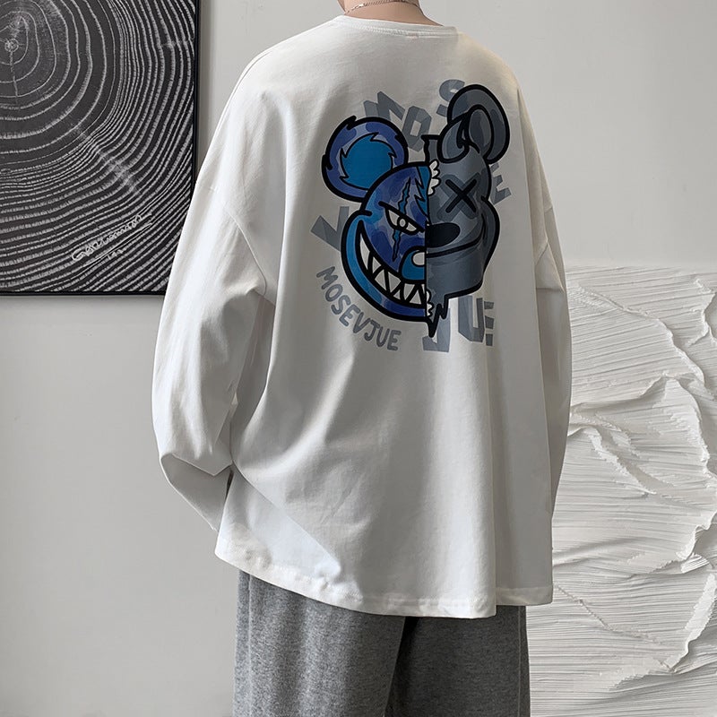 National fashion hip hop printed T-shirt men's long sleeve ins street style autumn loose trendy casual sweater round neck bottoming shirt - Image 5