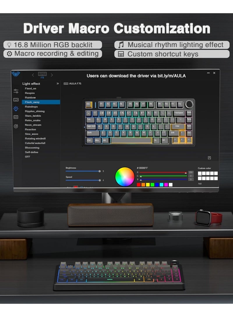 AULA F75 Wireless Mechanical Gaming Keyboard (Arabic Layout) – Grey with Colour Gradient | 75% | Hot Swappable | RGB | Tri-Mode Connectivity - Image 3