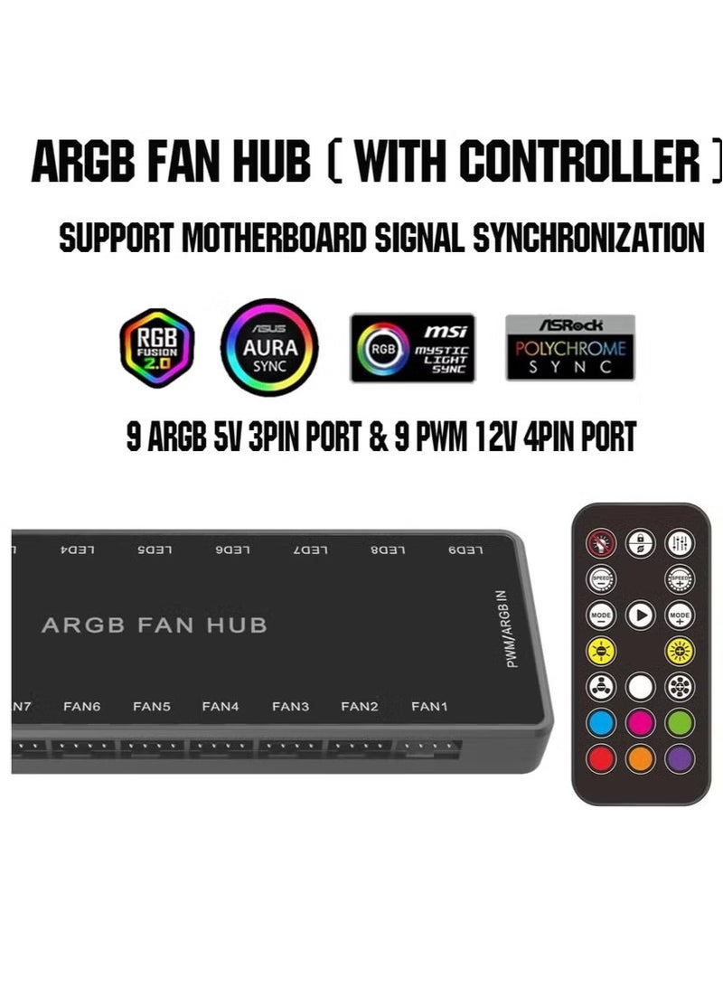 ARGB Fan HUB Controller with Remote Control, PWM Hub Support 9 Groups of Fans for Addressable 5V 3Pin ARGB  12V 4Pin PWM, 2-in-1 RGB Case Fan with Hidden Magnetic Base and SATA Power (9 Groups) - Image 5