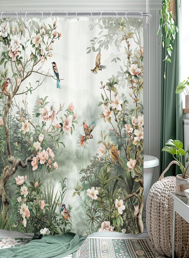 Riyidecor Vintage Floral Birds Shower Curtain for Bathroom Decor 72Wx72H Asian Style Vibrant Flower Botanical Trees Branch Peony Natural Art Printed Fabric Polyester Waterproof 12 Pack Plastic Hooks - Image 1