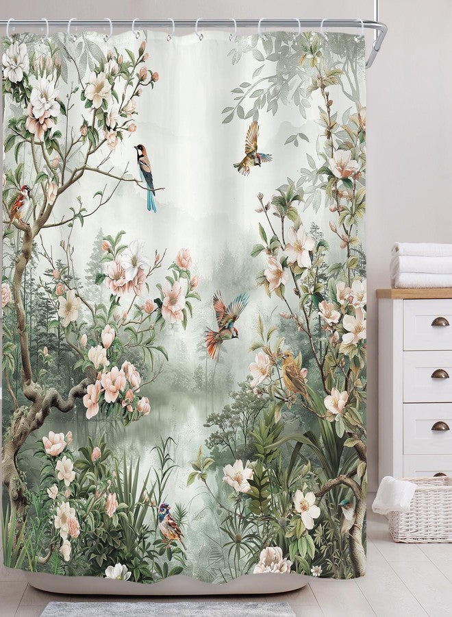 Riyidecor Vintage Floral Birds Shower Curtain for Bathroom Decor 72Wx72H Asian Style Vibrant Flower Botanical Trees Branch Peony Natural Art Printed Fabric Polyester Waterproof 12 Pack Plastic Hooks - Image 2