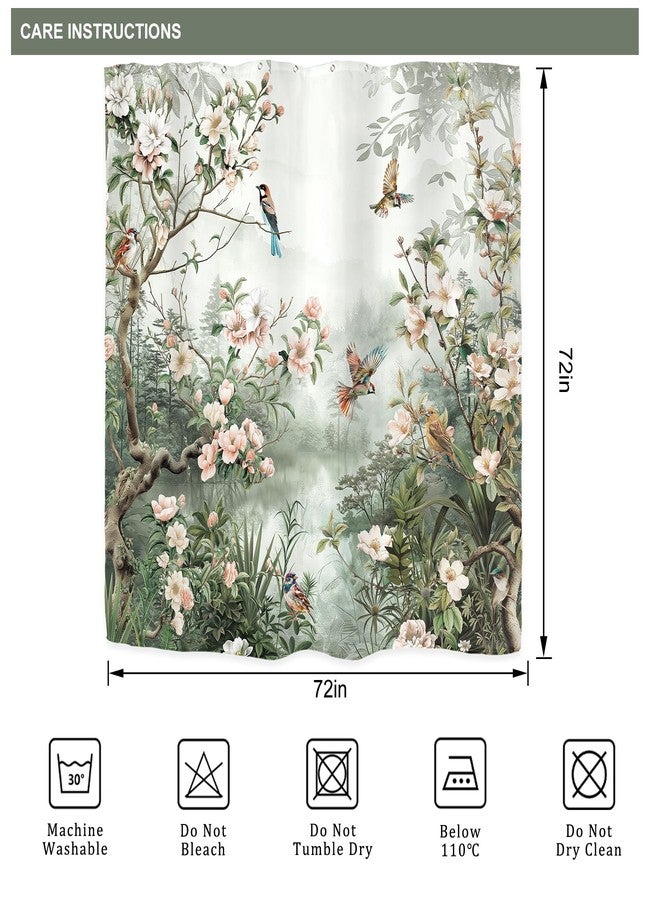 Riyidecor Vintage Floral Birds Shower Curtain for Bathroom Decor 72Wx72H Asian Style Vibrant Flower Botanical Trees Branch Peony Natural Art Printed Fabric Polyester Waterproof 12 Pack Plastic Hooks - Image 5