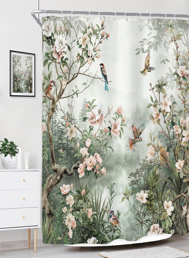 Riyidecor Vintage Floral Birds Shower Curtain for Bathroom Decor 72Wx72H Asian Style Vibrant Flower Botanical Trees Branch Peony Natural Art Printed Fabric Polyester Waterproof 12 Pack Plastic Hooks - Image 3