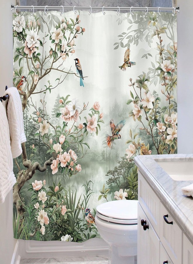 Riyidecor Vintage Floral Birds Shower Curtain for Bathroom Decor 72Wx72H Asian Style Vibrant Flower Botanical Trees Branch Peony Natural Art Printed Fabric Polyester Waterproof 12 Pack Plastic Hooks - Image 4
