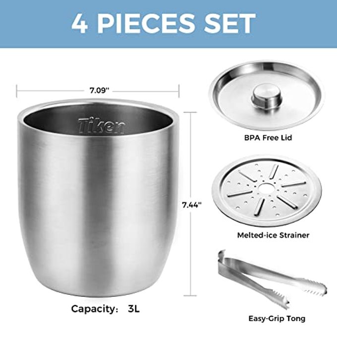 Tiken 3L Double-Wall Vacuum Insulated Ice Bucket with Lid & Tong Stainless Steel Champagne Buckets for Cocktail Bar, Parties & Outdoor - Image 5