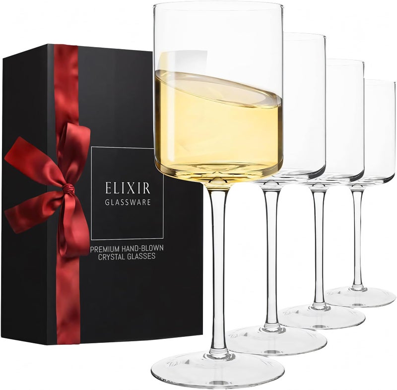 Elixir Glassware Square Wine Glasses Set of 4 - 14 oz - Crystal Wine Glass Set in Gift Packaging - Large Red Wine Glass on Long Stem - Housewarming Gifts New Home - Glasses Drinking Set - For White & Red Wine - Image 1