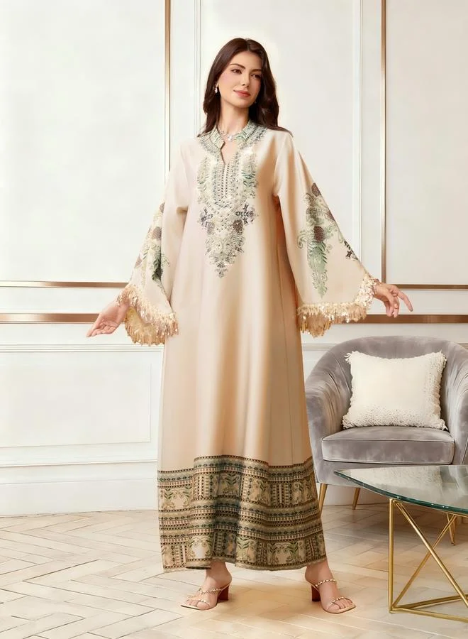 Take Two  Women Floral Printed Embellished Tasselled Sleeve Jalabiya for Women | Best Price UAE