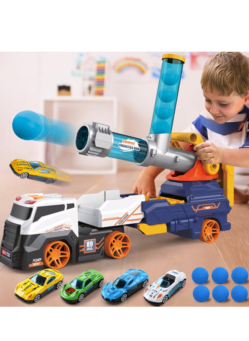 Truck Car Set Toys Include 4 Racing Cars+6 Ball, with Light & Sounds, Eejection&Shooting Transport Cars Toy, Birthday Gifts for Boys Girls  - Image 1