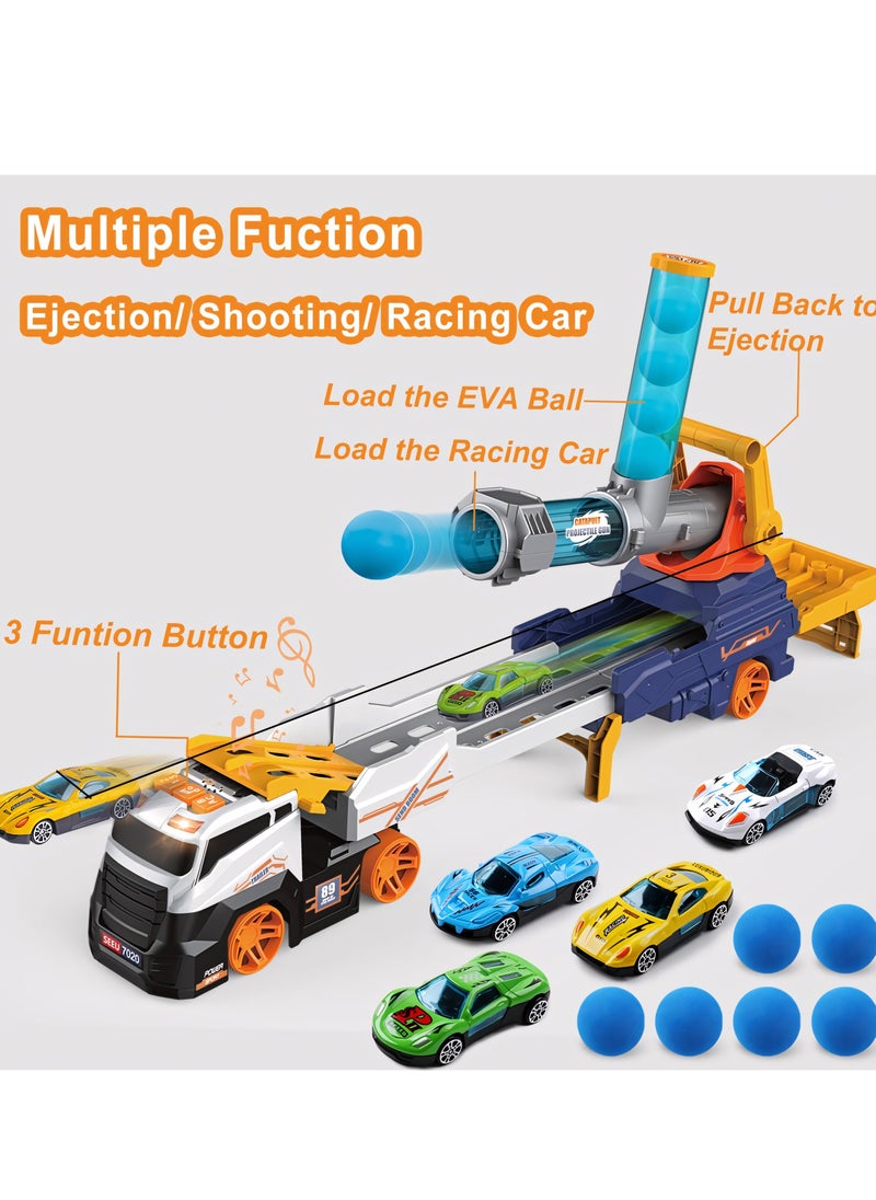 Truck Car Set Toys Include 4 Racing Cars+6 Ball, with Light & Sounds, Eejection&Shooting Transport Cars Toy, Birthday Gifts for Boys Girls  - Image 2