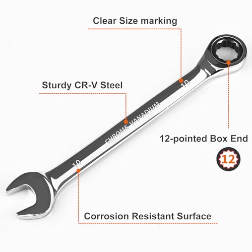 Egofine 10mm Ratchet Wrench, Ratcheting Combination Wrench Metric 10mm Wrench, Industrial Grade Gear Spanner with 12-Point Design, 72-Tooth Ratchet, Chrome Vanadium Steel - Image 2