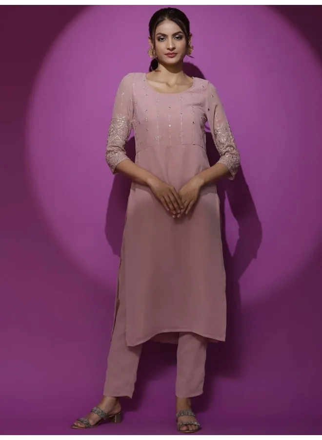 AKS Powder Pink Mirror Work Straight Kurta