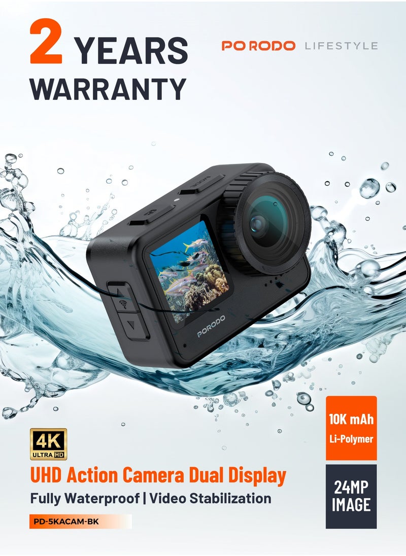 porodo - Fully Waterproof UHD Action Camera Dual Display With Video Stabilization / 24MP Image Resolution / 80 minutes Video Time / with Mount for Biking / Hiking or Diving - Black - Image 1