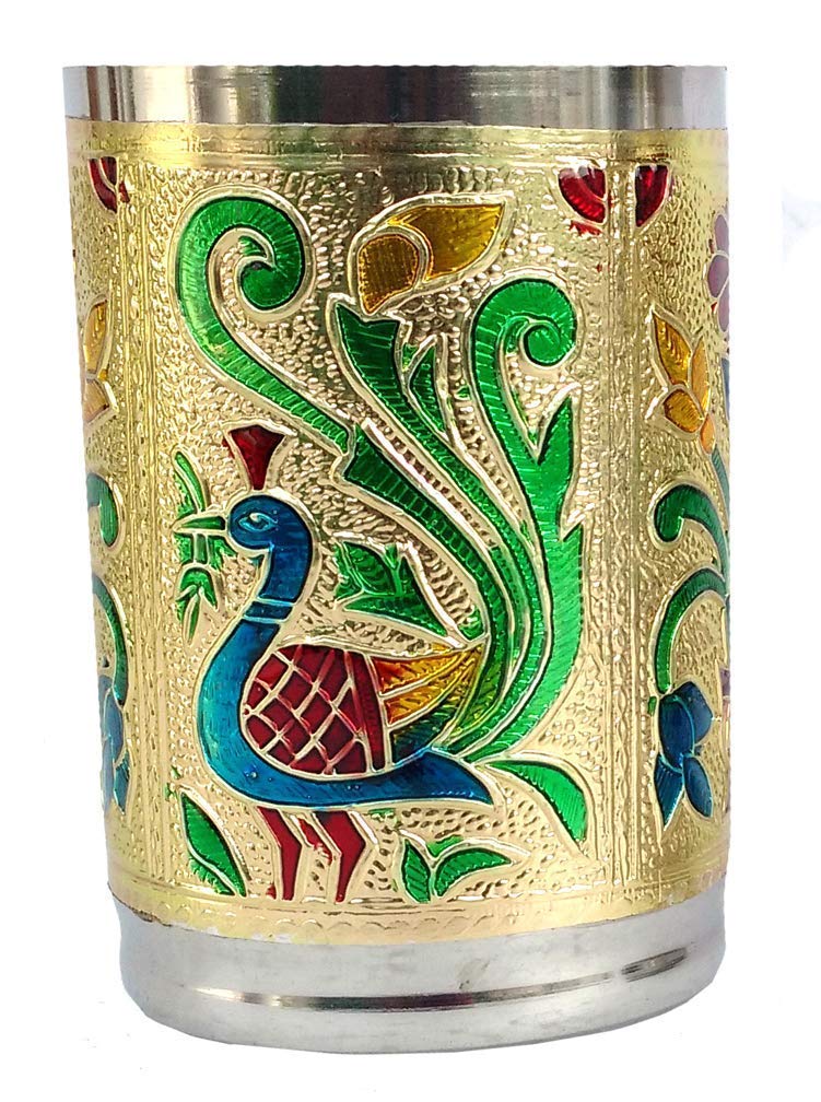 DIGIDEAL Handmade Peacock Design Meenakari 6 Pcs Glass Set Serving Glass Set Decorative Glass Set for KitchenGolden - Image 4