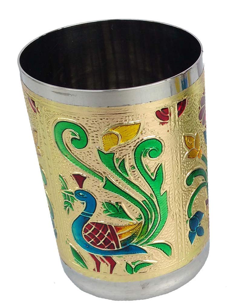 DIGIDEAL Handmade Peacock Design Meenakari 6 Pcs Glass Set Serving Glass Set Decorative Glass Set for KitchenGolden - Image 3