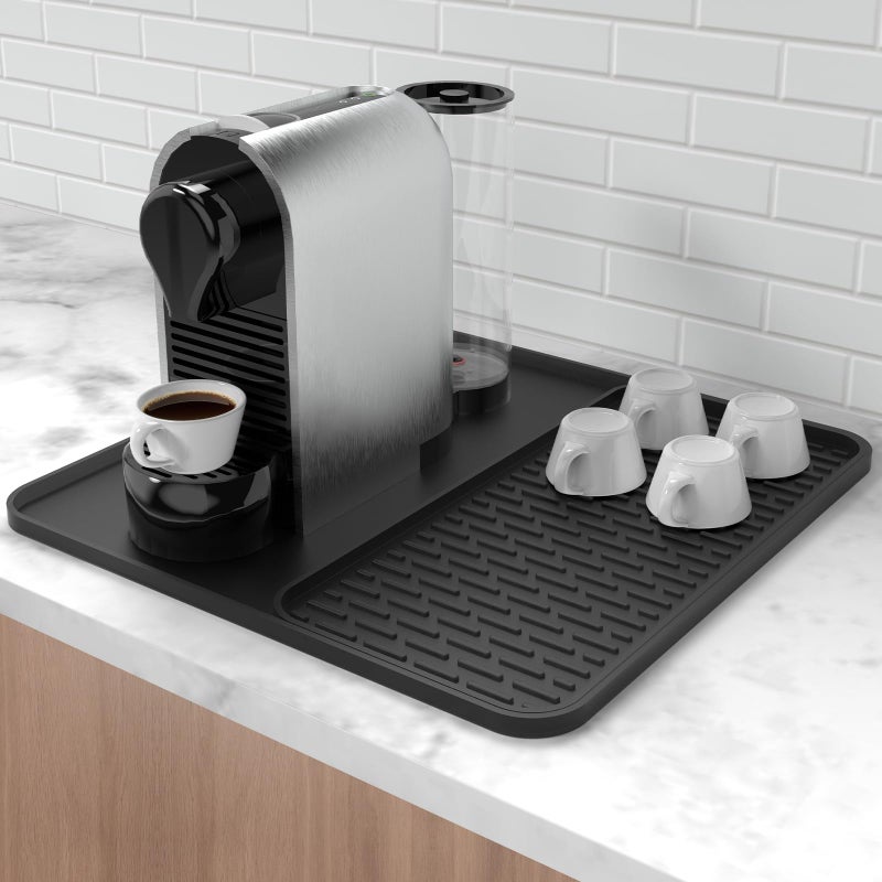 Silicone Coffee Mat16x16 Coffee Bar Mat with Detachable Dish Drying Mat for Kitchen CountertopsCoffee Bar Accessories Fit Under Coffee Maker Coffee Machine Coffee Pot Espresso Machine Dish Rack