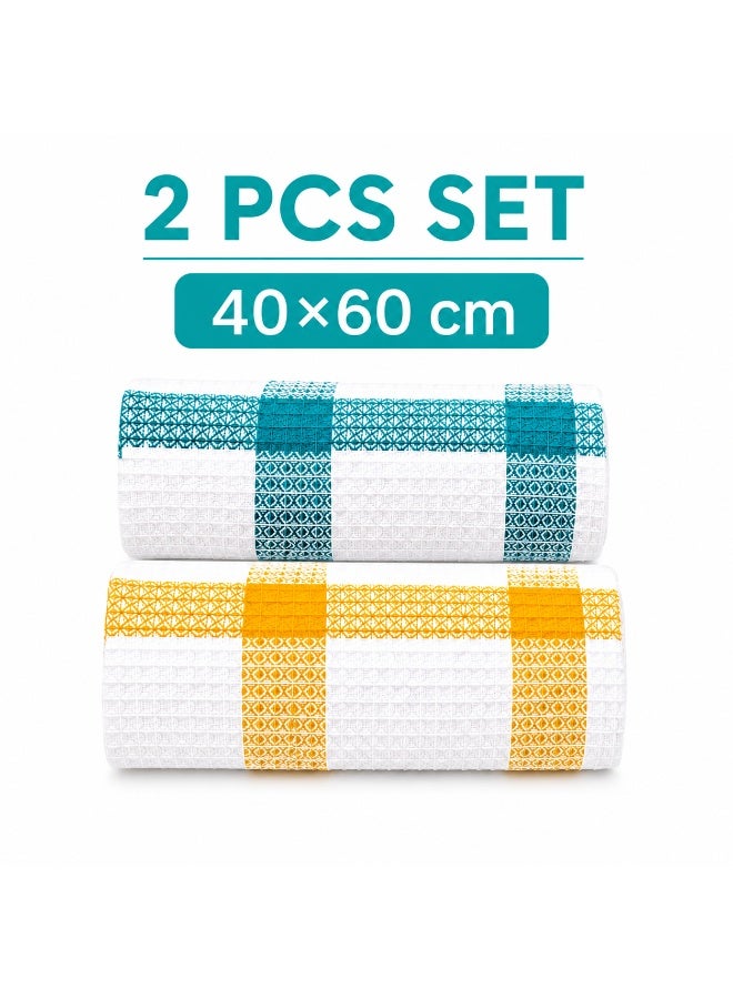طقم مناشف مطبخ متعددة الألوان (قطعتان) 40×60 سم – مناشف عالية الامتصاص وسريعة الجفاف للمطبخ والمنزل – أصفر وأزرق تركواز - Image 2