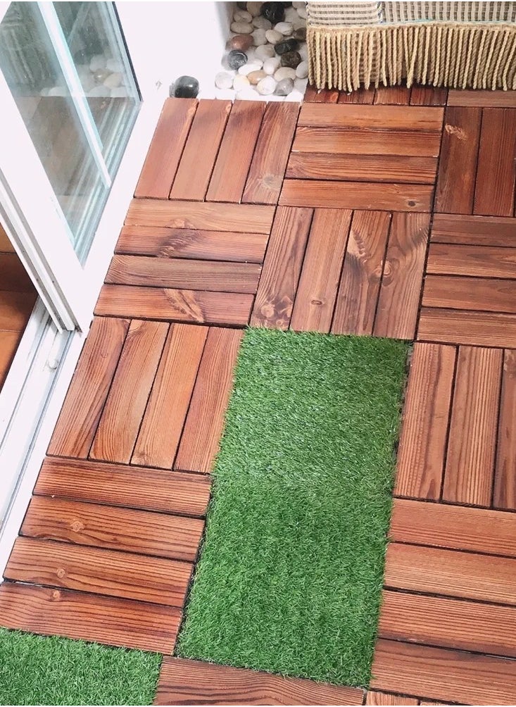 FFD 10 Pieces Wooden Decking Tiles Hardwood Wood Flooring Deck Patio Outdoor Garden Floor Interlocking Balcony Roof Terrace Office Tile Waterproof Balcony Flooring