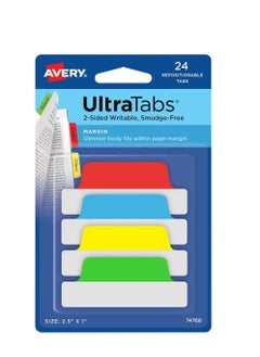 AVERY Avery Ultra Tabs, 2.5" x 1", 2-Side Writable, Red/Yellow/Green, 24 Repositionable Margin Tabs (74768)  - Image 1