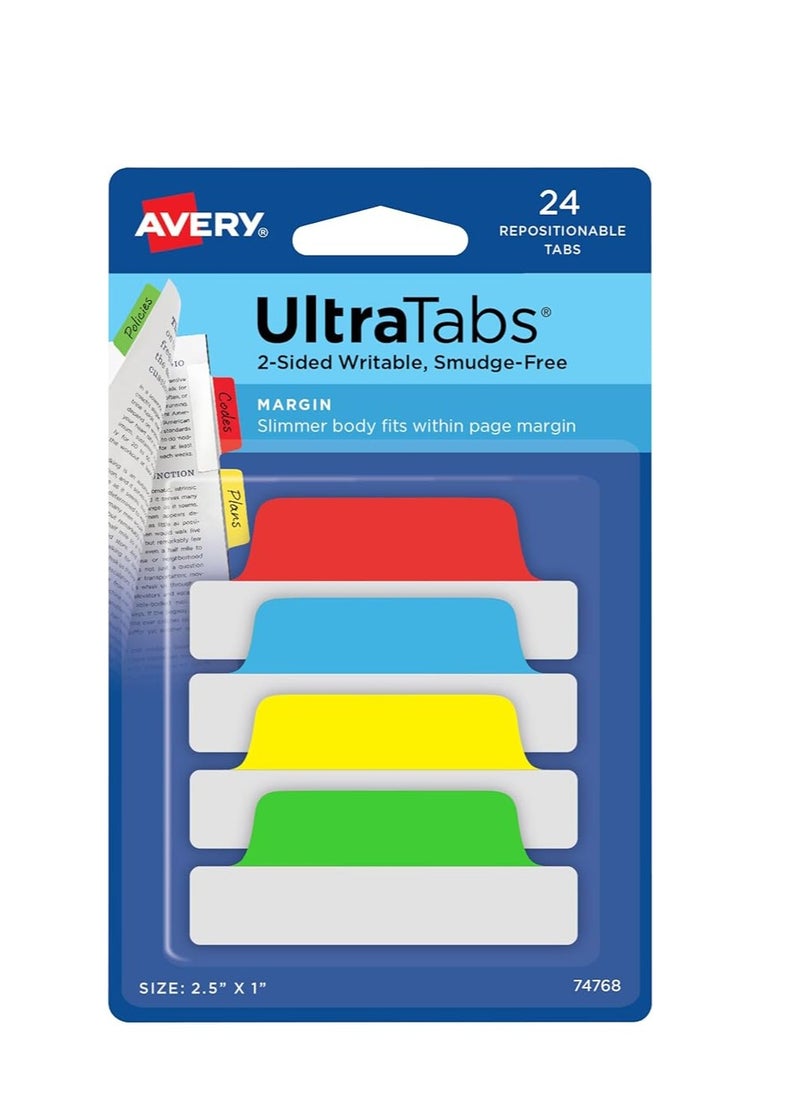 AVERY - Avery Ultra Tabs, 2.5" x 1", 2-Side Writable, Red/Yellow/Green, 24 Repositionable Margin Tabs (74768) - Image 1