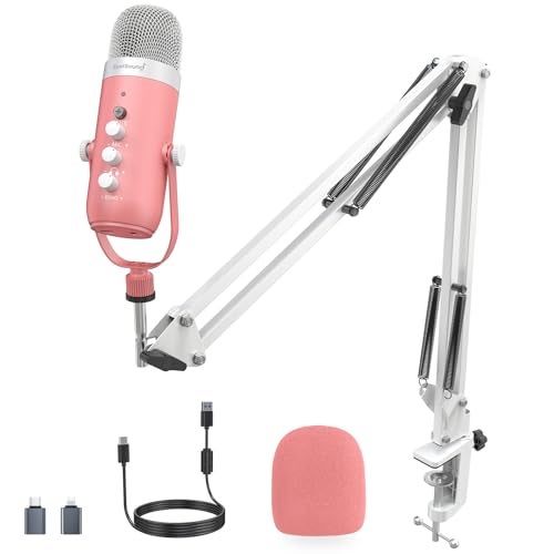 zealsound Gaming Condenser Microphone, Podcast Mic with Boom Arm for Phone/PC/PS4/PS5, USB Microphone for Recording/YouTube/Streaming, Headphone Output, Mute Button, Echo Volume Gain Control (Pink) - Image 1