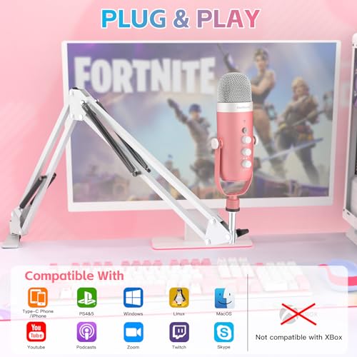 zealsound Gaming Condenser Microphone, Podcast Mic with Boom Arm for Phone/PC/PS4/PS5, USB Microphone for Recording/YouTube/Streaming, Headphone Output, Mute Button, Echo Volume Gain Control (Pink) - Image 2