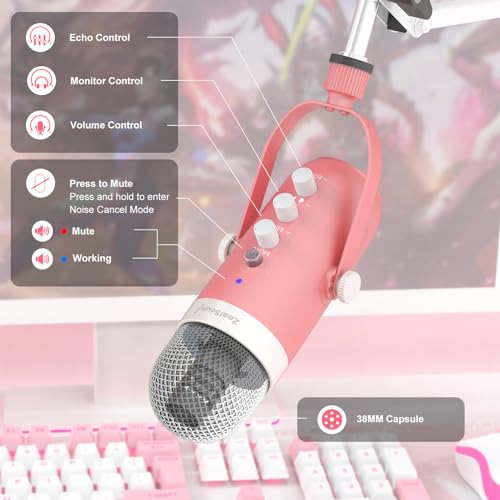 zealsound Gaming Condenser Microphone, Podcast Mic with Boom Arm for Phone/PC/PS4/PS5, USB Microphone for Recording/YouTube/Streaming, Headphone Output, Mute Button, Echo Volume Gain Control (Pink) - Image 4