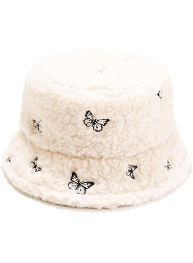 ChicAbode Daily Bucket Hat, Winter Warm Plush Plush Hat, Faux Fur Sheepskin Butterfly Fisherman Hat - Image 1