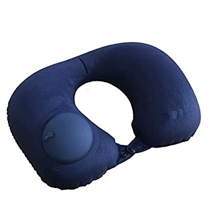 HEBEZON Automatic Push Button Inflatable Type Comfortable Travel Backpack Pillow UShaped Air Pillow for Outdoor Travelling and Picnic Neck Rest Pillow Velvet Neck Pillow Finger Nevy Blue - Image 1