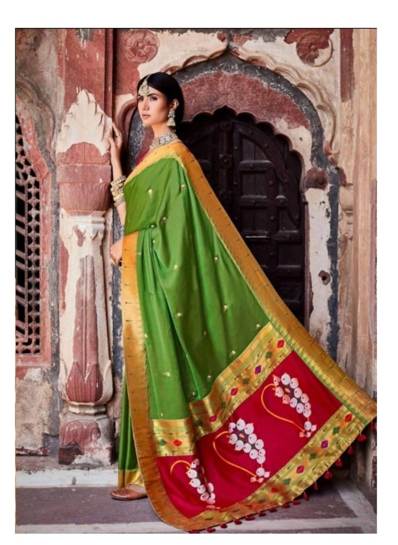 Grab Mantra - Silk Green Saree with Red Pallu And Red Designer Unstitched Blouse - Image 1
