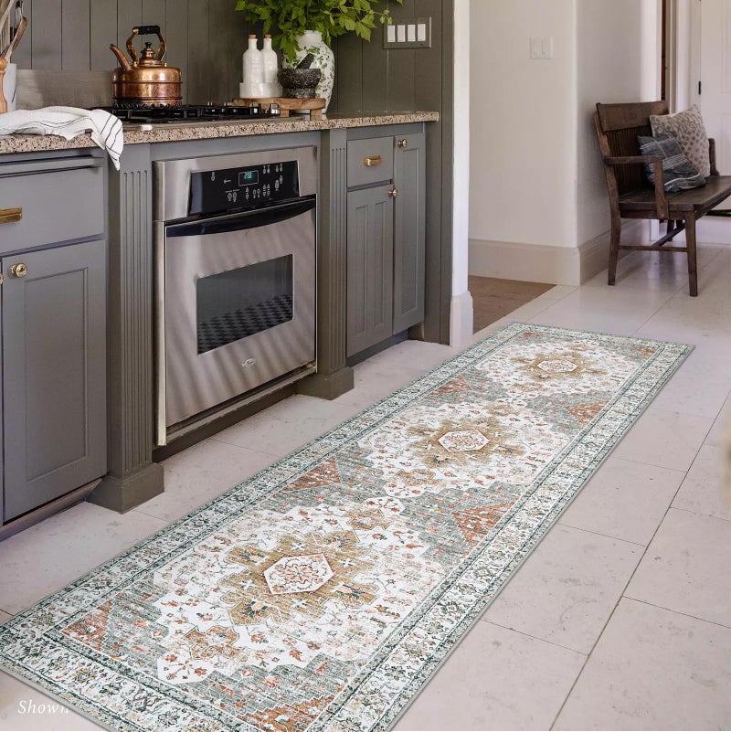 Moynesa UltraThin Washable Runner 26 x 8 Hallway Rug Kitchen Bathroom Carpet Vintage Printed Low Pile Entryway Runner for Apartment Camper RV BeigeGold