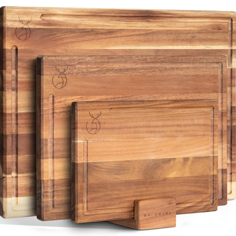 WALDWERK Cutting Board Set (15.75 x 12/13 x 9.5/10 x 7 in) out of Solid Acacia Wood - 0,8 in Thick Cutting Boards for Kitchen - Wood Cutting Boards - Wooden Chopping Boards for Kitchen - Image 1